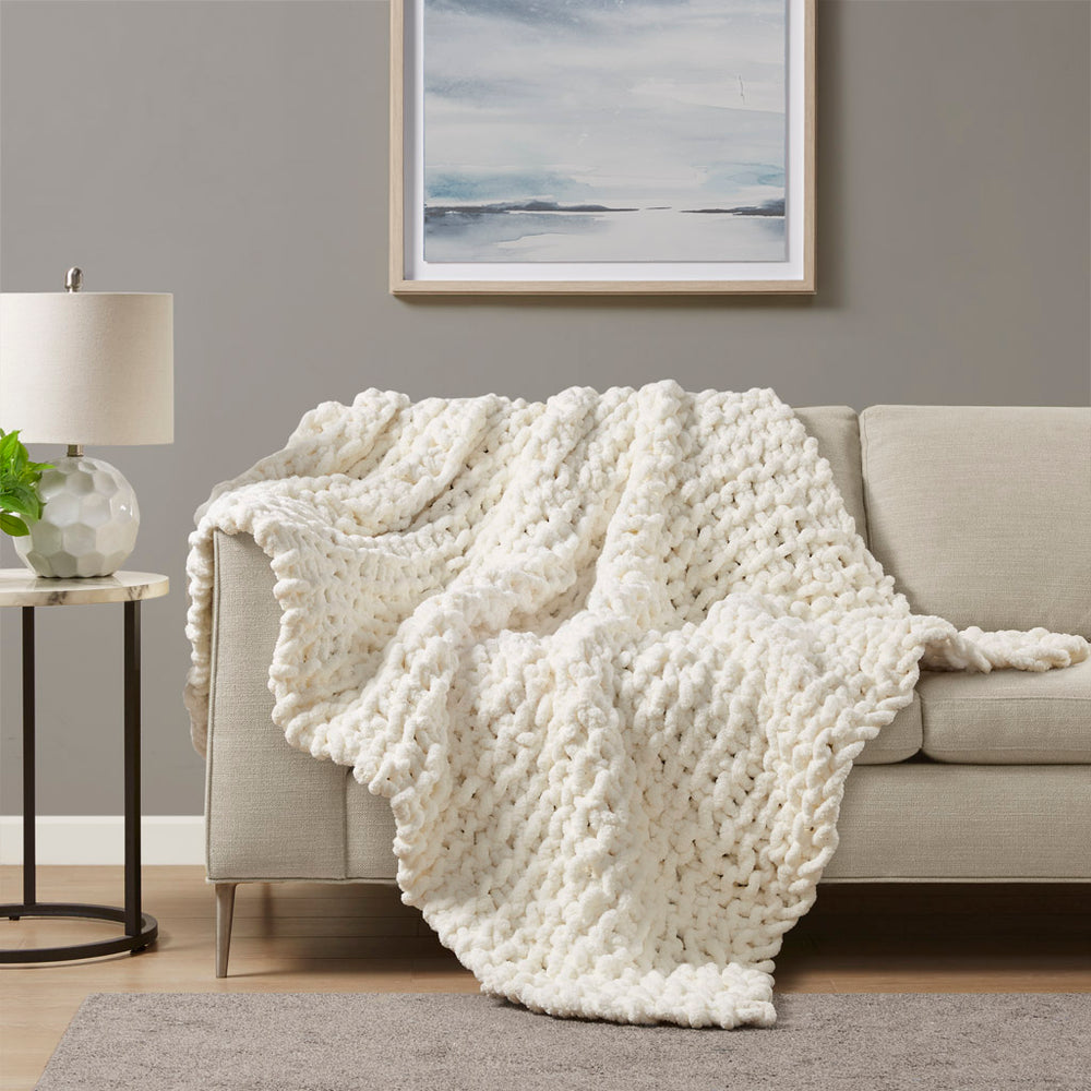 JLA Home Madison Park - Throw Handmade Chenille Chunky Knit Throw – OEKO‑TEX Certified, Plush 50x60 Cozy Layer for Home Decor Ivory MP50-7673