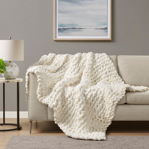 Madison Park Chenille Chunky Knit Casual Throw MP50-7673 Ivory