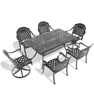 English Elm 7-Piece All-Weather Cast Aluminum Dining Set With Cushions, Umbrella Hole, And Swivel Chairs For 6 W1710S00371
