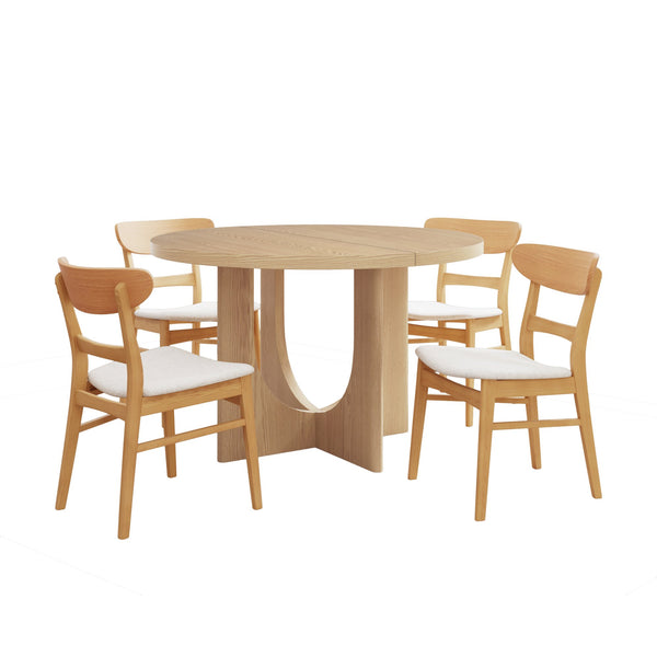 English Elm Christopher Knight Home® - 5PCS Mid-Century Modern Dining Set with Round Wood Table and Upholstered Fabric Chairs, Sleek Design Natural+Beige 58915.00LBE_N771P240935K