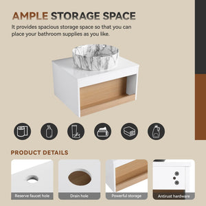 English Elm 24" Floating Vanity with Marble Vessel Sink Open Wood Shelf Spa Style Bath W3450S00054
