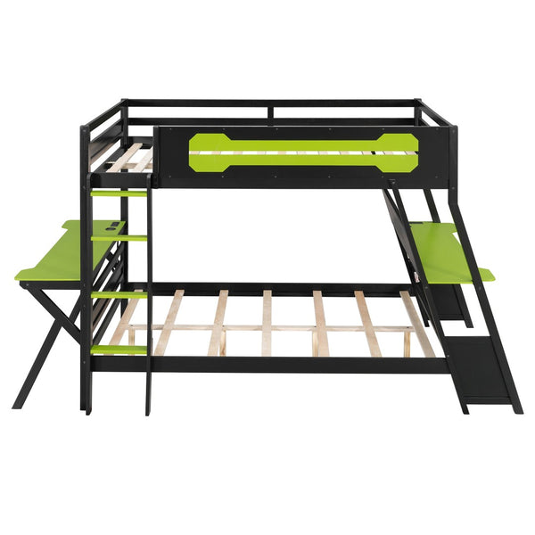 English Elm Full Size Gaming Bunk Bed with Dual Desks Usb Charging Ports and Pegboard Storage Green LT000274AAG