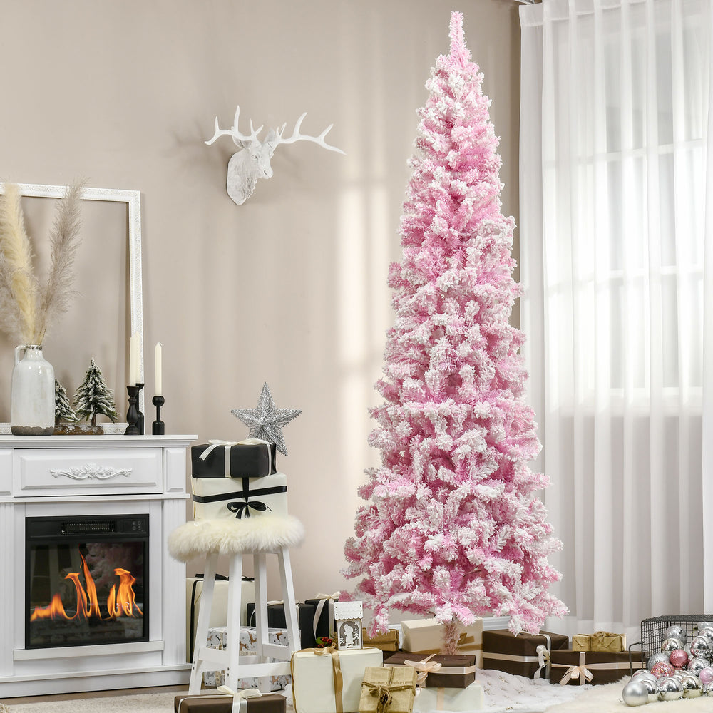 English Elm Homcom 7.5' Tall Slim Pencil Pink Snow Flocked Christmas Tree - Realistic Pine, Easy Setup & Customizable W2225P229660