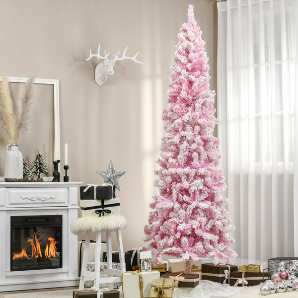 English Elm Homcom 7.5' Tall Slim Pencil Pink Snow Flocked Christmas Tree - Realistic Pine, Easy Setup & Customizable W2225P229660
