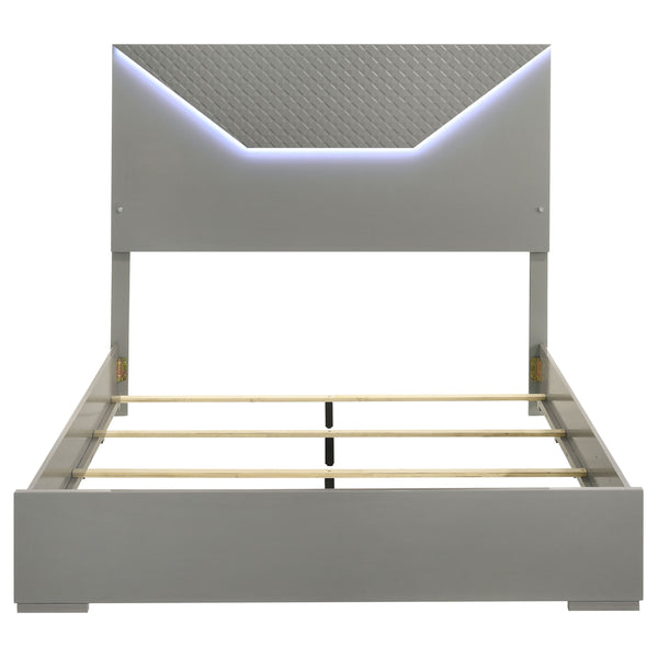 English Elm Pierce Grey High Gloss Queen Bed with Diamond Textured Panel and Touch LED Headboard, Modern Romantic Design B062S01369
