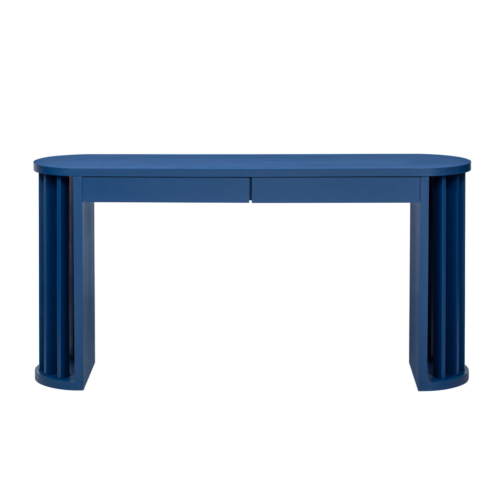 English Elm U_Style 59-inch Long Console Table with Oak Veneer Tops, 2 Drawers, Curved Modern Farmhouse Entryway Appeal Navy Blue N711P290711V