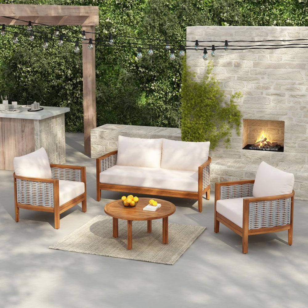 English Elm Outdoor Acacia Tub Sofa Set with Woven Rope Panels Deep Seating Patio Collection N780P24585960G
