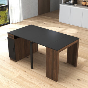 English Elm Modern Expandable Dining Table with Built-In Outlet, 5-Panel Extendable Space-Saving Design for Gatherings Walnut+black W331S00190