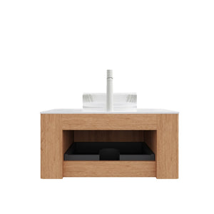 English Elm Muri Floating Bathroom Vanity Plywood Cabinet Sintered Stone Top Oak Drawer Carrara White,Natural Wood,Transparent W2615S00445