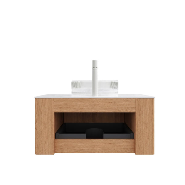 English Elm Muri Floating Bathroom Vanity Plywood Cabinet Sintered Stone Top Oak Drawer Carrara White,Natural Wood,Transparent W2615S00445
