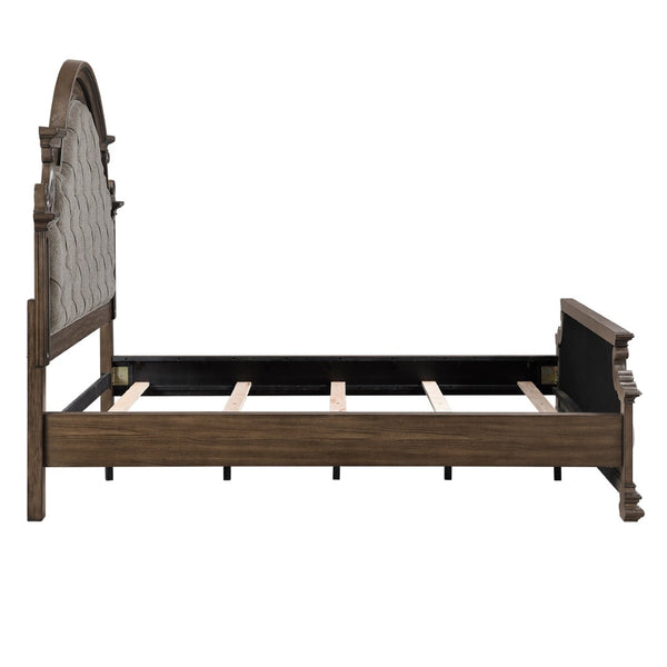 English Elm Traditional Arched King Bed Tufted Chenille Headboard with Oak Walnut Inlay Frame B011S02509