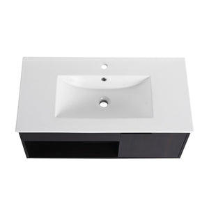 English Elm 36" Floating Bathroom Vanity Dark Oak Ceramic Sink Open Shelf Soft Close Storage W3450P435874
