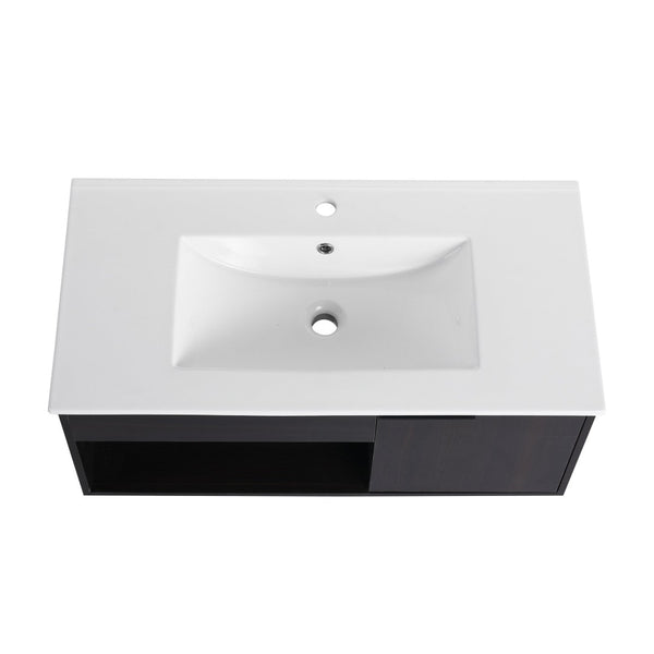 English Elm 36" Floating Bathroom Vanity Dark Oak Ceramic Sink Open Shelf Soft Close Storage W3450P435874