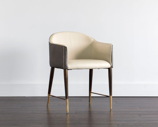Sunpan Kylin Dining Armchair: Modern Barrel Back Design in Cream Faux Leather with Brass Steel Legs
