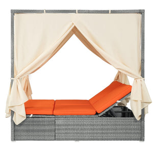 English Elm U_style Outdoor Rattan Steel Chaise Lounge with Shade Canopy and Reclining Cushioned Sunbed Orange WY000471AAO