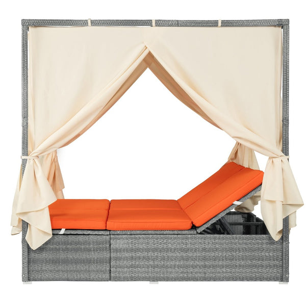 English Elm U_style Outdoor Rattan Steel Chaise Lounge with Shade Canopy and Reclining Cushioned Sunbed Orange WY000471AAO