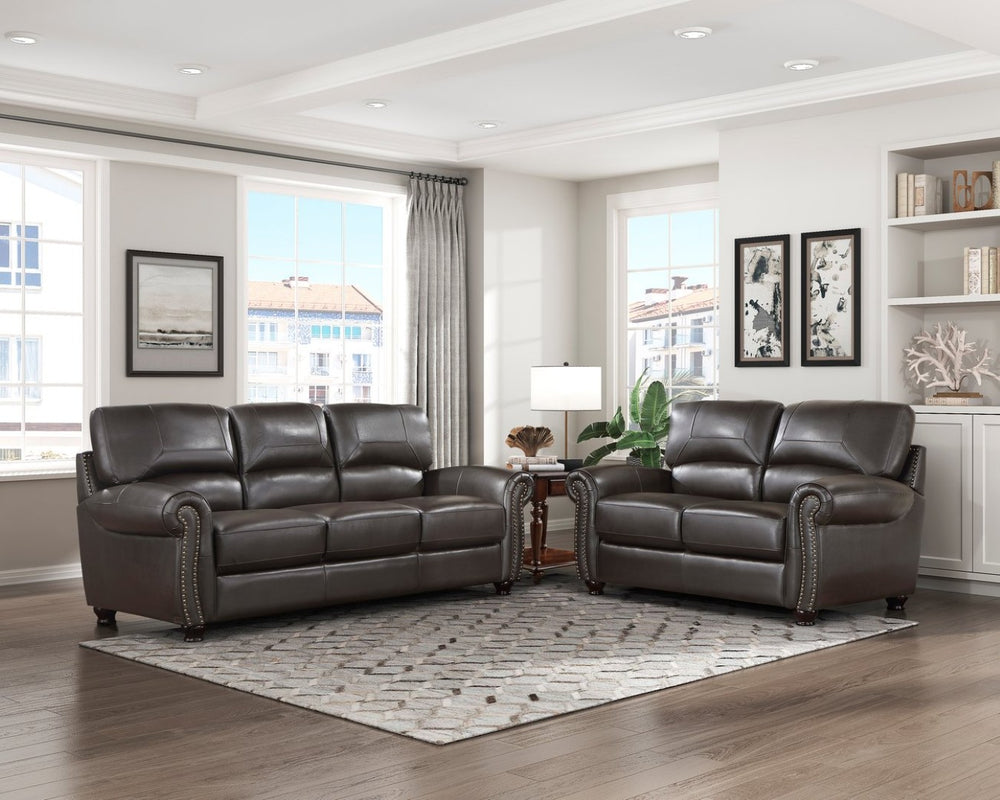 English Elm Traditional Top-grain Leather Sofa Set with Nailhead Trim and Pocket Coil Cushions B011S01042