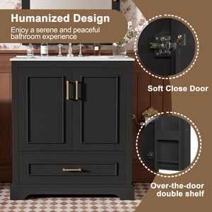 English Elm 30" Freestanding Bathroom Vanity Matte Black Solid Wood Ceramic Sink Soft Close N729P321376B