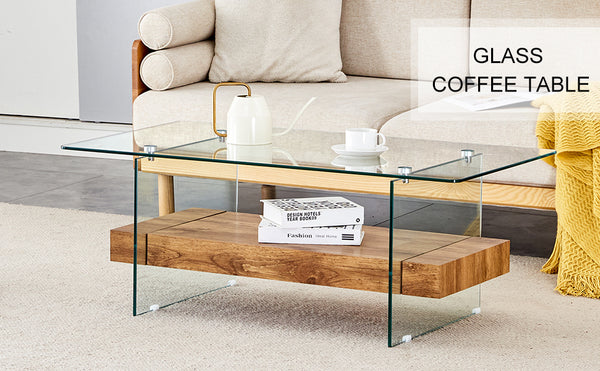English Elm 40.3-inch Retro Double-Layer Coffee Table with Tempered Glass Shelves, Wood-Grain Finish, 250lb Capacity W1512P317685