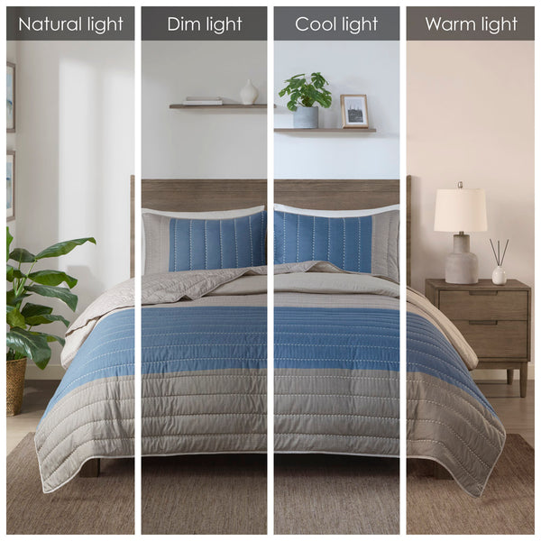 JLA Home Madison Park - 3 Piece Printed Color Blocking Microfiber Quilt Set Reversible Taupe Backing, Channel Quilting Texture, Lightweight Warmth for All Seasons 94 L x 104 W x 0.25H MP13-8133