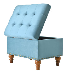 English Elm Square Velvet Ottoman with Storage, Cream Upholstery, Child-Safe Hinge, Rivet Trim, Solid Wood Feet, Compact Comfort Light Blue W2941P242272