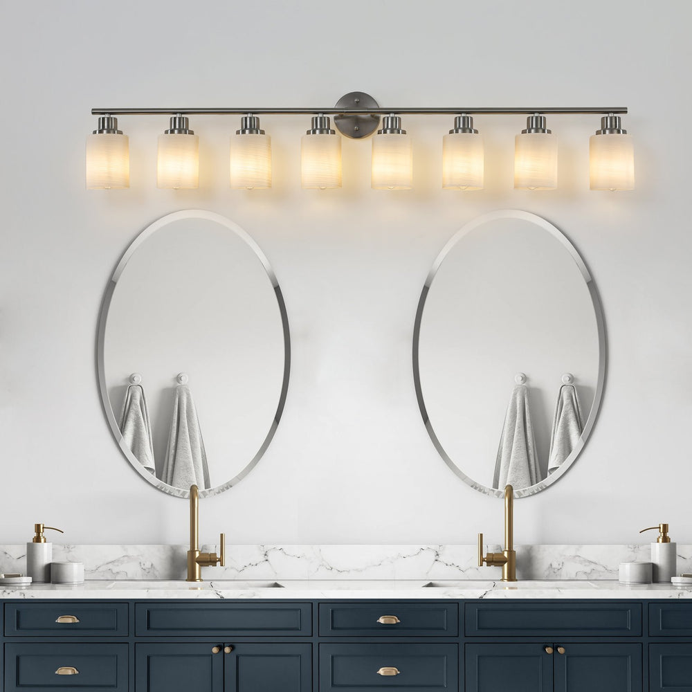 English Elm 52" Modern 8-Light Vanity Wall Sconce – Brushed Nickel & Frosted Glass, Ideal For Bathrooms & Hallways W2312P374812