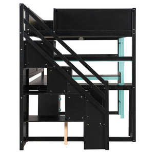 English Elm Full Size Gaming Loft Bed with Led Lighting Desk Shelves and Usb Charging Ports N820S00071C