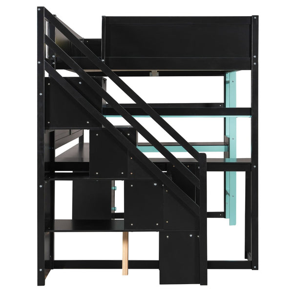English Elm Full Size Gaming Loft Bed with Led Lighting Desk Shelves and Usb Charging Ports N820S00071C