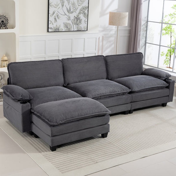 English Elm 113" Modern 3+1 L-Shaped Corduroy Sofa with Double-Layer Cushions, Cup Holders & Storage Bags DARK GREY W2715S00004