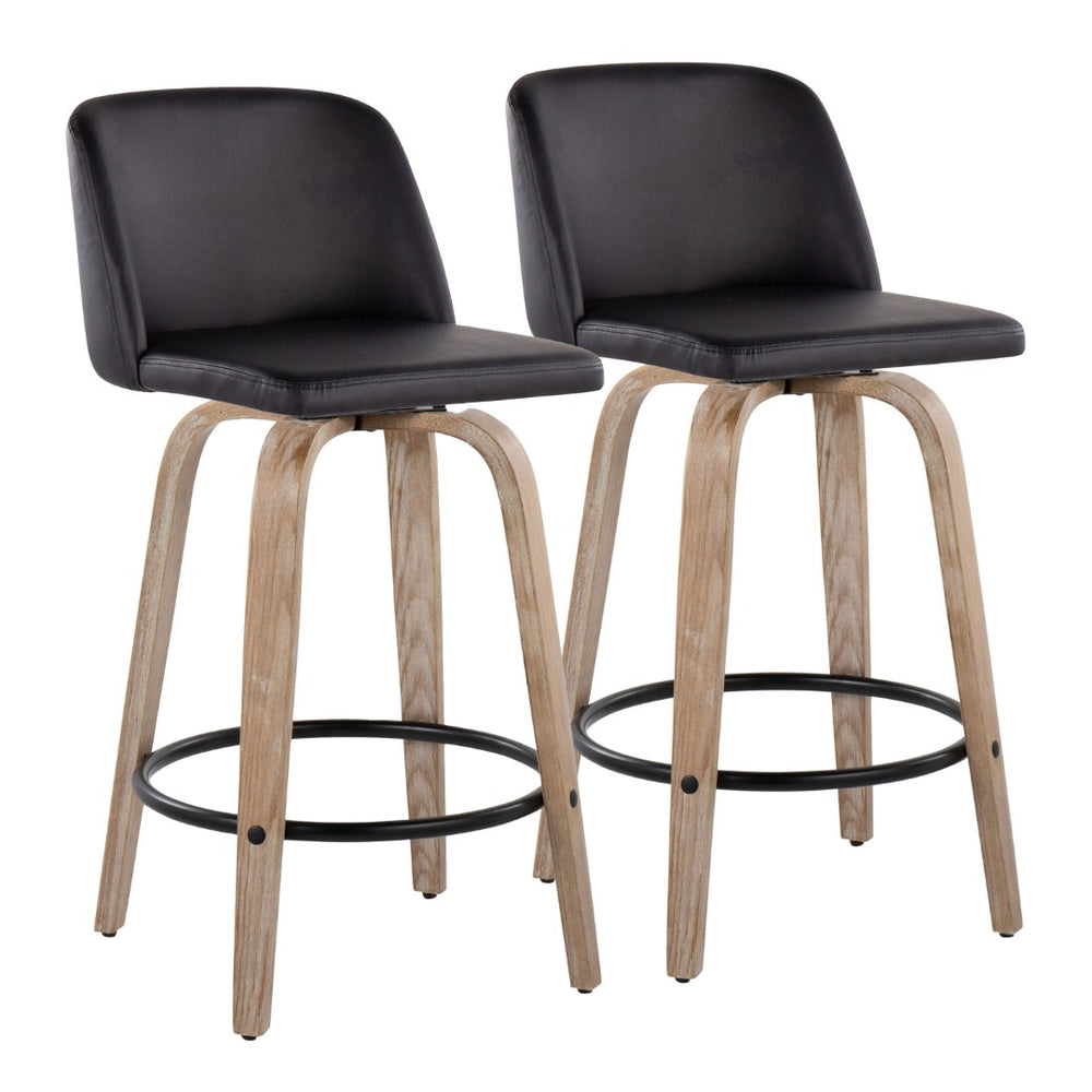 English Elm Toriano 26" Counter Stool Set Of 2 - Stylish Swivel Design With Whitewashed Wood & Black Faux Leather B202S00428-GIGA
