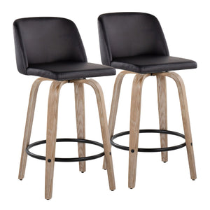 English Elm Toriano 26" Counter Stool Set Of 2 - Stylish Swivel Design With Whitewashed Wood & Black Faux Leather B202S00428-GIGA