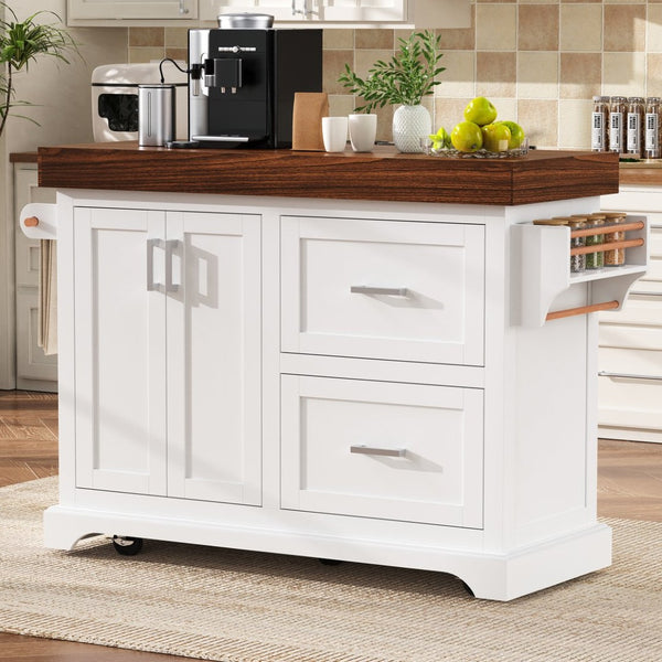 English Elm K&k Rolling Kitchen Island with Walnut Grain Countertop Drawers and Spice Rack White N707S000025W