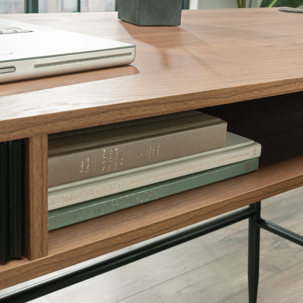 English Elm L-Shaped Desk In Warm Brown Finish - Spacious Workspace With Storage, Cable Management & Style B356P367775