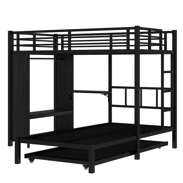 English Elm Twin Bunk Bed With Wardrobe & Trundle, Metal Frame, Foldable Desk, Noise-Reduced Design, Black Finish W1580S00135-GIGA