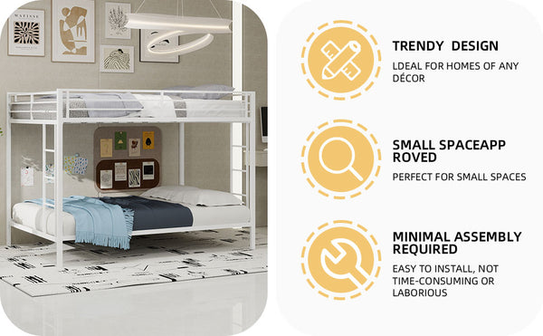 English Elm Multi Square Tube Iron Bunk Bed Full over Full, Sturdy White Metal Frame, Space-Saving Dual Sleep Solution W1935P360912