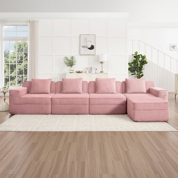 English Elm Modular 4-Seat L Shape Sectional Sofa - Plush Corduroy Couch With Movable Ottoman & Pillows, Pink W3041S00342