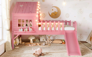 English Elm Twin Playhouse Loft Bed Solid Pine Frame with Slide Led Lights and Star Roof Pink W5316S00003