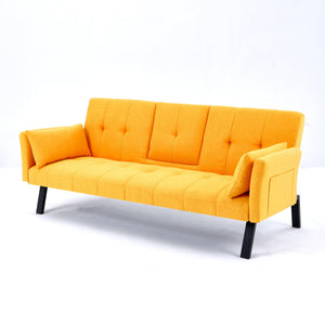 English Elm 70-inch Foldable Cotton Linen Sofa Bed with Cup Holder & Side Storage, Space-Saving 2-Seater Design Yellow W3371P337202