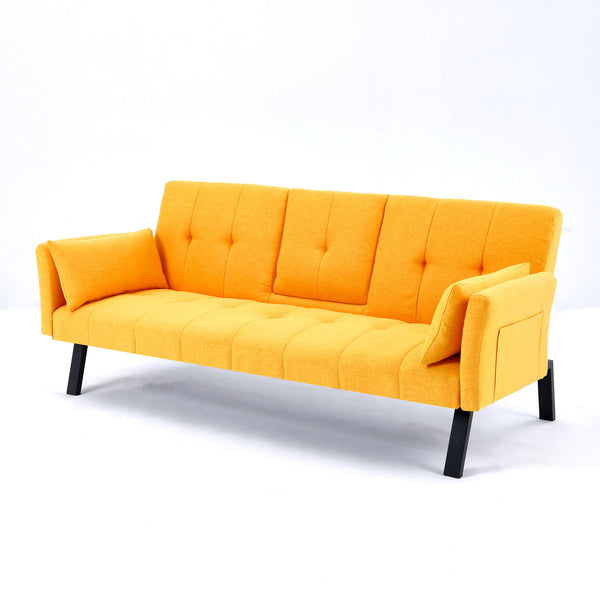 English Elm 70-inch Foldable Cotton Linen Sofa Bed with Cup Holder & Side Storage, Space-Saving 2-Seater Design Yellow W3371P337202