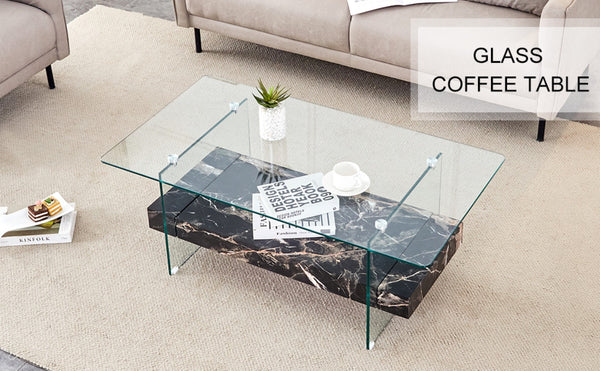 English Elm Rectangular Two Tier Glass Coffee Table with Marble Shelf for Modern Living Rooms W2920P226071