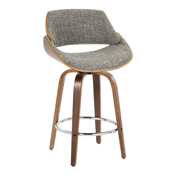 English Elm Fabrizzi Mid-Century Counter Stool Set of 2 — Walnut Wood Swivel Seats with Cushioned Fabric Comfort and Chrome Footrest Grey B202S00260