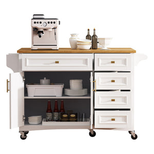 English Elm K&k Farmhouse Rolling Kitchen Island Oak Veneer Top with Drop Leaf and Storage Drawers White N707S195393W