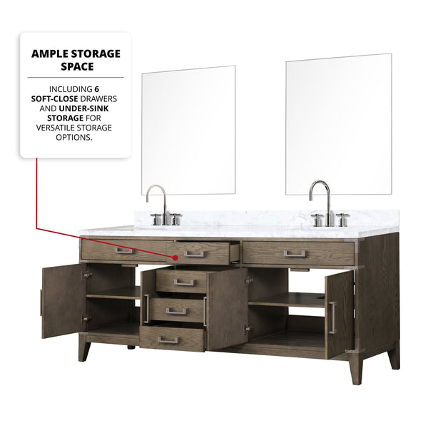 English Elm Grey Oak Double Bath Vanity Set With Carrara Marble Top, Chrome Faucets & 36" Mirrors - 80" Wide B2731S01875