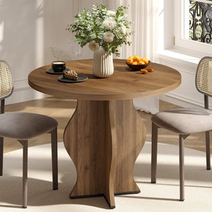 English Elm 31.5 Inch Round Farmhouse Dining Table Wave Pedestal Veneer Top Seats Two Walnut T5618P448232