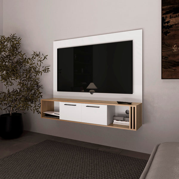English Elm Lesslie Wall-Mounted Entertainment Center with Cabinets, Cable Management, Open Shelves, Oak/White B128P263721