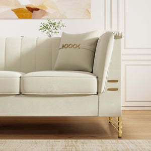 English Elm Fx-P82-Be3 - Luxurious Beige Velvet Chesterfield 3-Seater Sofa With 2 Pillows For Modern Living Spaces W576S00220