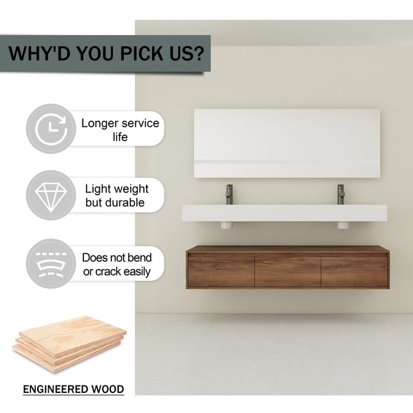 English Elm 60 Inch Wall-Mounted Bathroom Vanity With Dual Resin Sinks, Soft-Close Drawers & Modern Elegance W999S00259