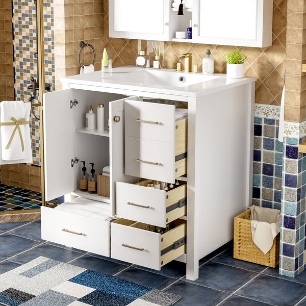 English Elm 30'' Bathroom Vanity With Ceramic Sink Combo - Elegant Freestanding Storage Cabinet & 4 Drawers N710P194420K