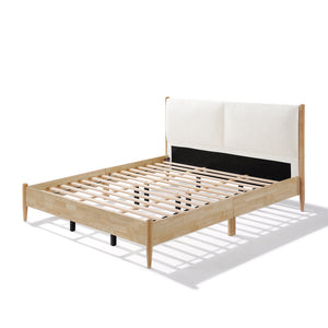 English Elm Christopher Knight Home® - King Natural Wood Bed Frame with White Upholstered Headboard, Modern Minimalist, Solid Slat Support 800lb Capacity N758K670203N