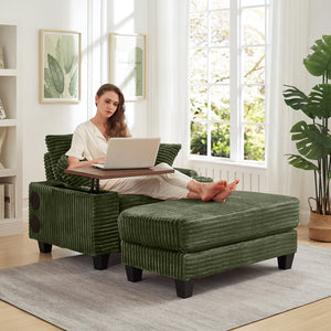 English Elm Fluffy Corduroy Storage Armrest Sofa with Ottoman, Bluetooth Speaker, USB, 180° Swivel Desk Green W3705P349931